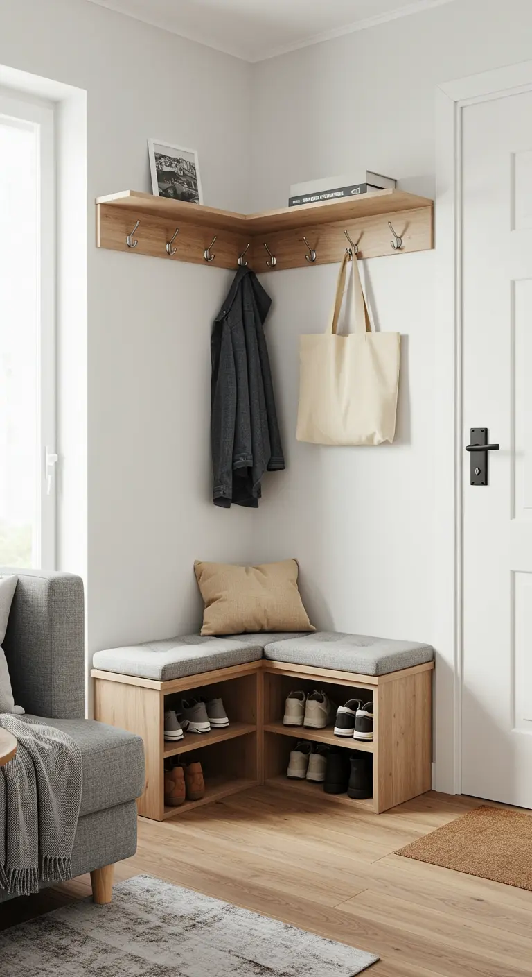 Mueble recibidor esquinero de madera con banco, zapatero y perchero.