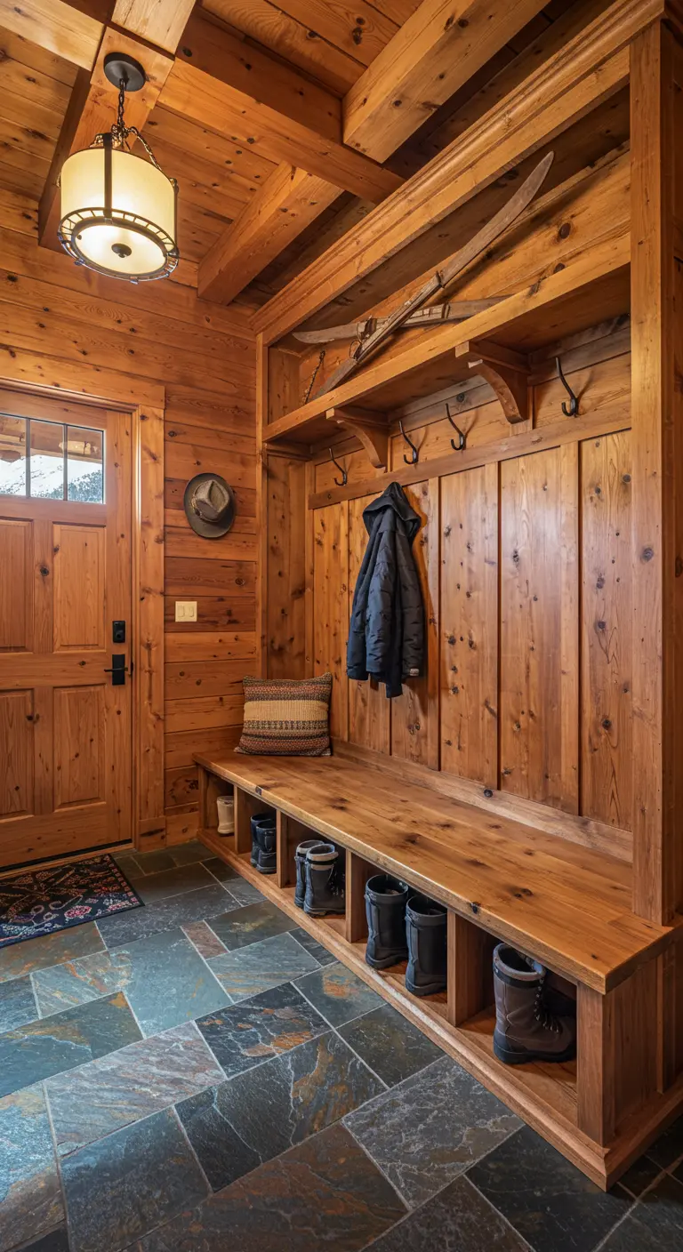 Recibidor de madera rústica con banco, percheros y espacio para guardar botas de nieve.