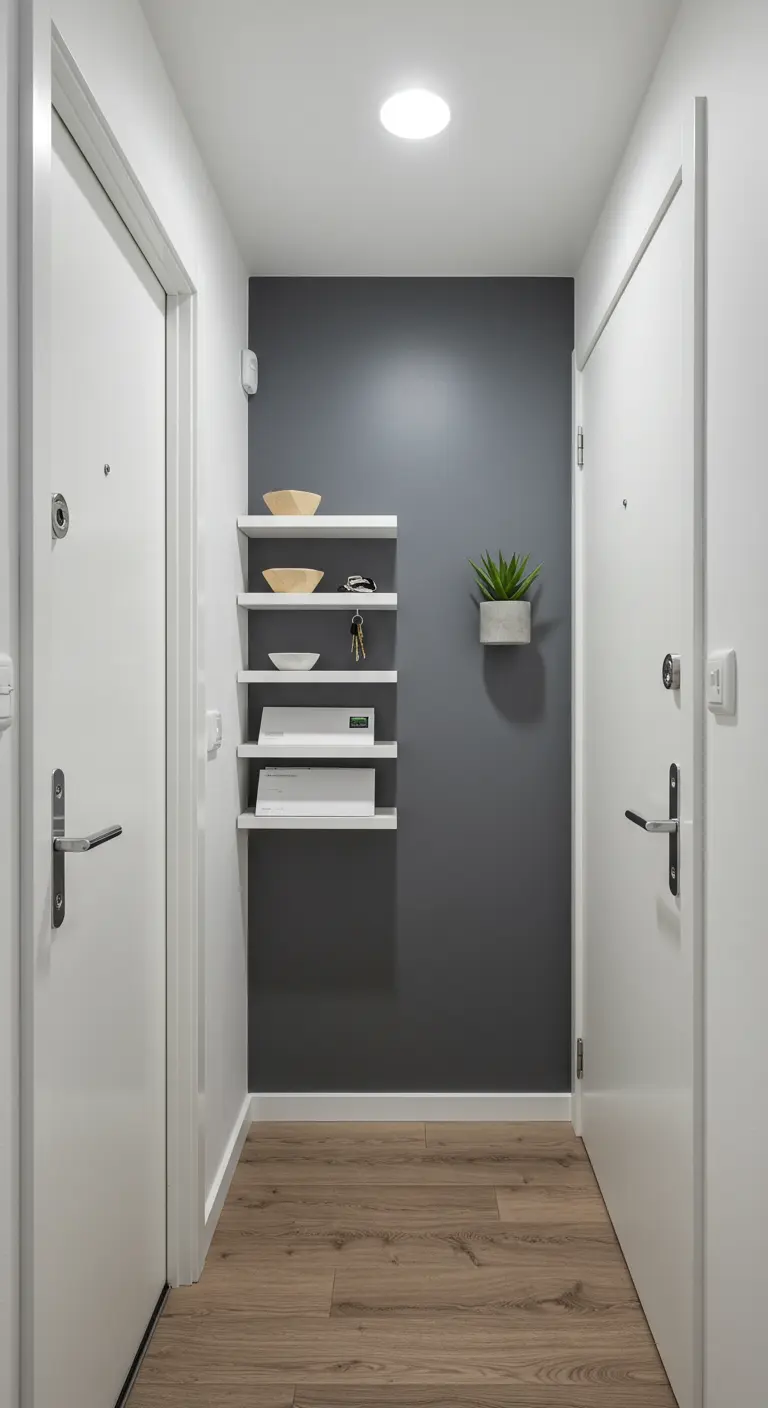 Recibidor minimalista con repisas blancas sobre una pared gris y una planta pequeña.