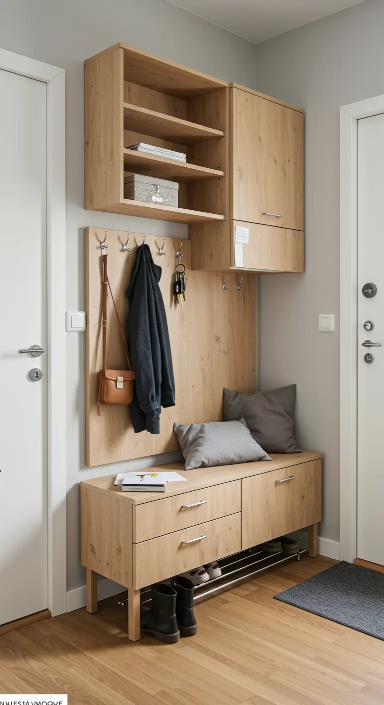 Mueble de recibidor modular de madera clara con banco, perchero y armarios superiores.