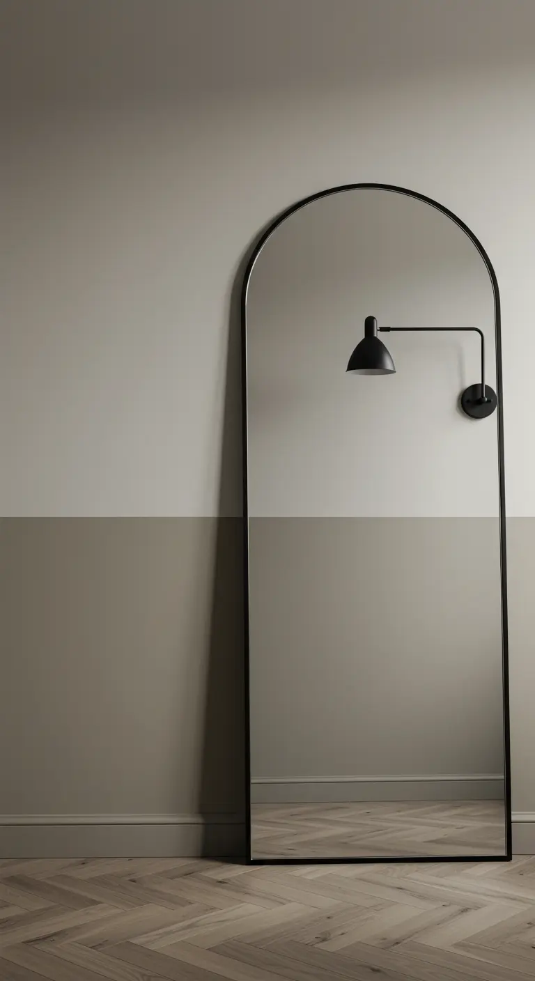 Pared bicolor en tonos neutros con un gran espejo de suelo con marco negro.