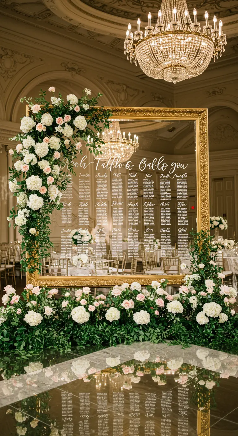 Espejo dorado ornamentado con una lista de asientos caligrafiada y adornado con flores blancas.