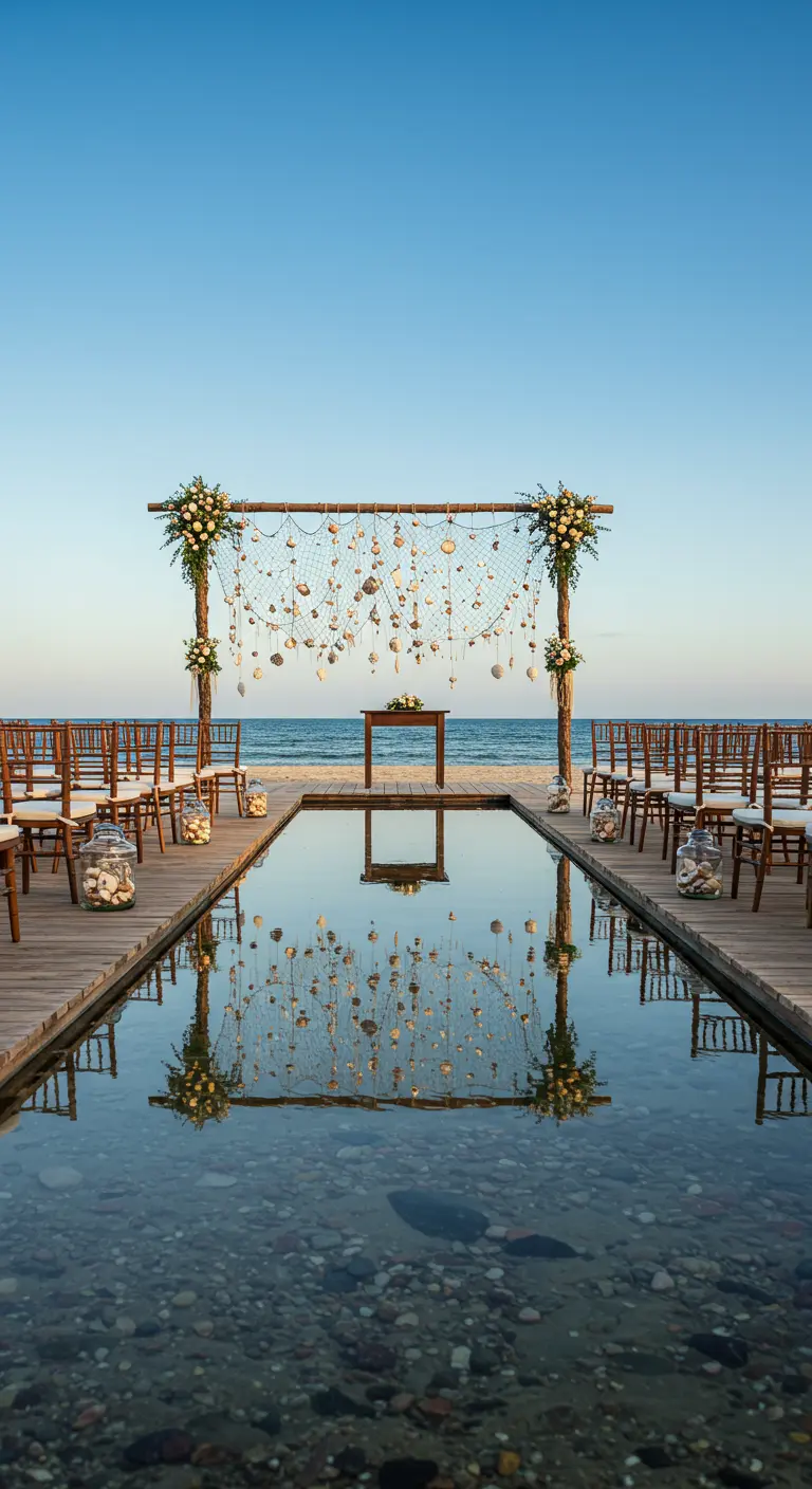 Arco de boda con guirnaldas de conchas reflejado en una piscina junto al mar.