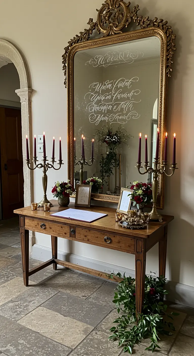 Mesa de bienvenida con un espejo dorado caligrafiado y candelabros con velas color borgoña.