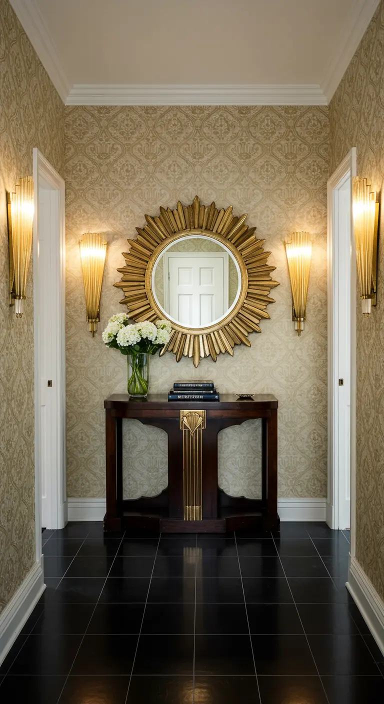 Pasillo con papel pintado damasco, consola Art Déco y espejo de sol entre dos apliques.