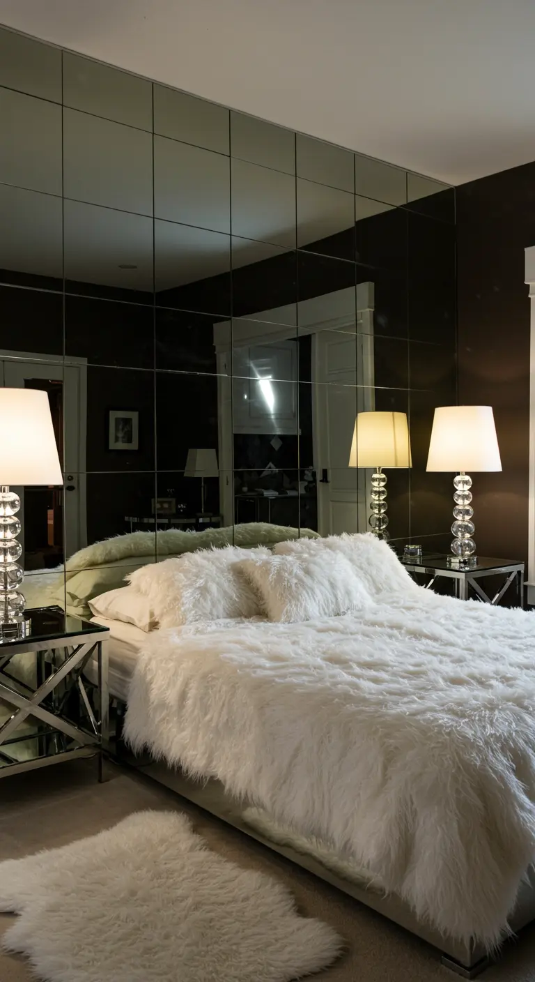 Dormitorio glamuroso con una pared de acento completamente cubierta de paneles de espejo.