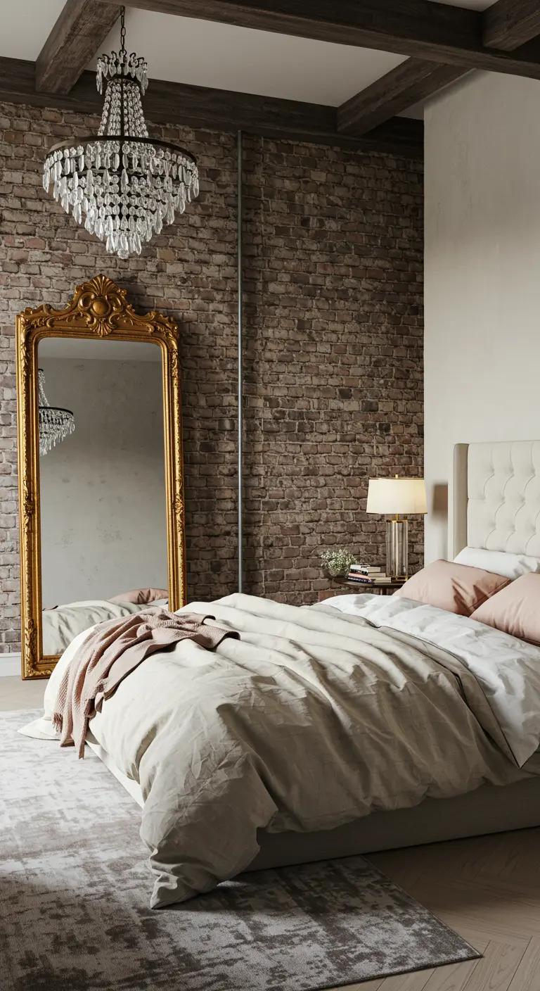 Dormitorio con pared de ladrillo, un gran espejo con marco dorado y una lámpara de araña