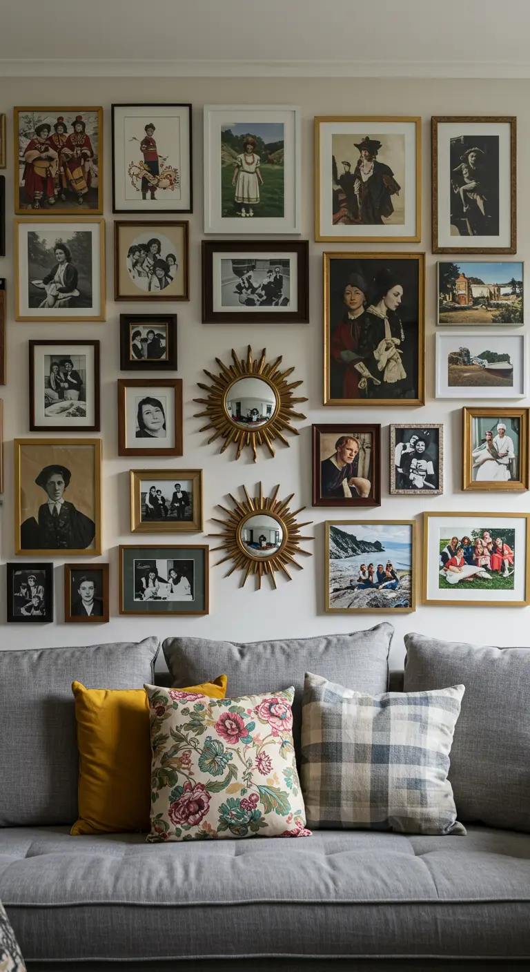 Pared de galería con numerosos cuadros y dos pequeños espejos sol dorados integrados