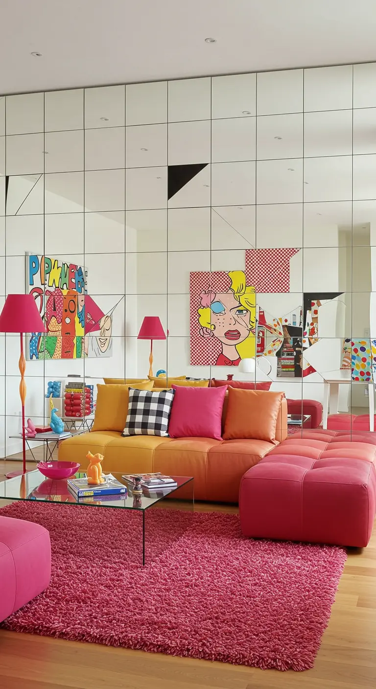 Pared de azulejos de espejo reflejando un sofá naranja y obras de arte Pop Art