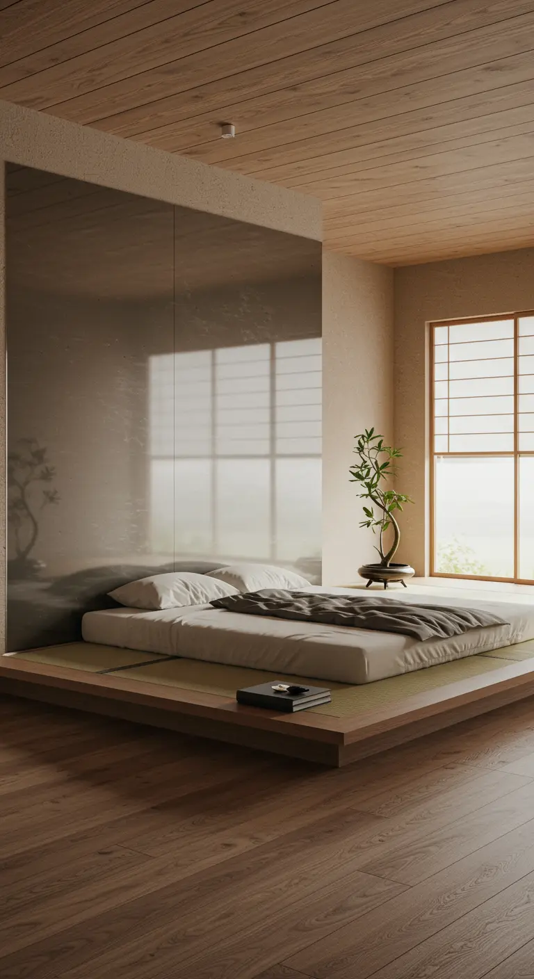 Dormitorio Japandi con pared de espejo tintado en bronce que refleja una cama baja y luz natural.