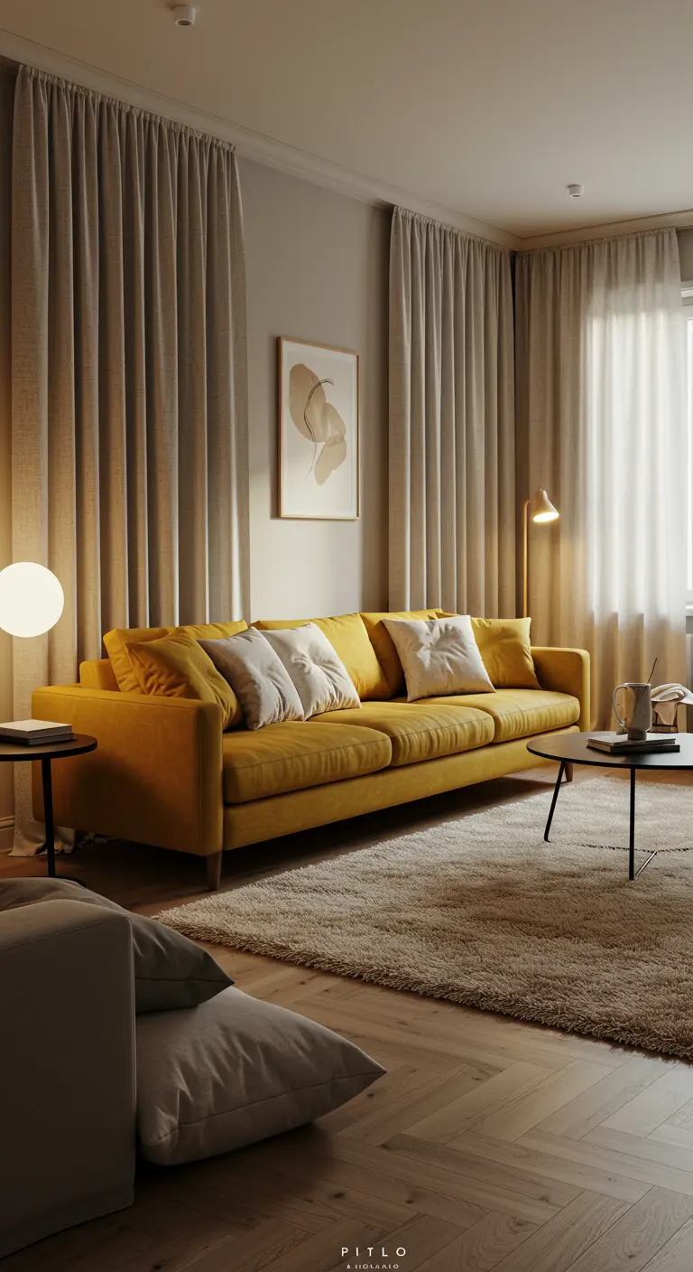 Sofá mostaza en un salón acogedor con alfombra mullida, cortinas beige y cojines neutros.