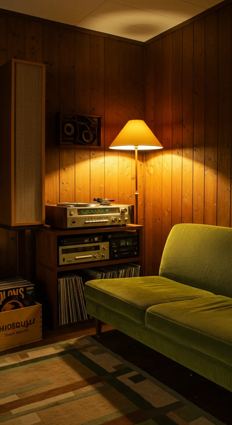 Rincón de escucha con paredes de paneles de madera, un sofá de pana verde y luz cálida de una lámpara.