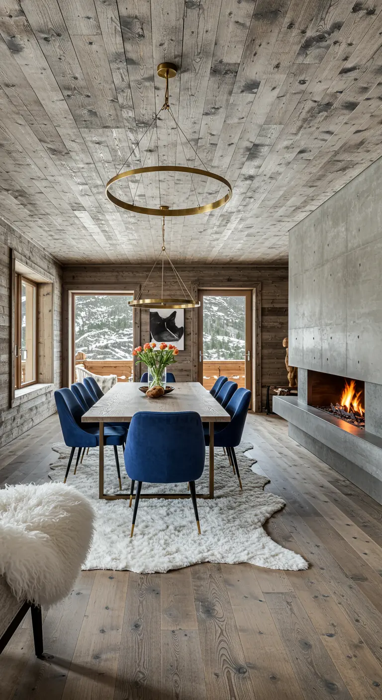 Comedor de chalet moderno con techo de madera recuperada y chimenea de hormigón
