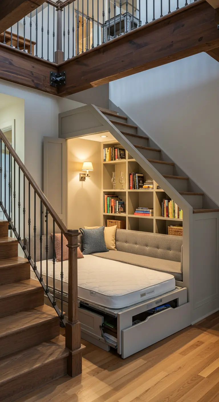 Un espacio acogedor bajo una escalera con un colchón, cojines, estanterías con libros y luz cálida.