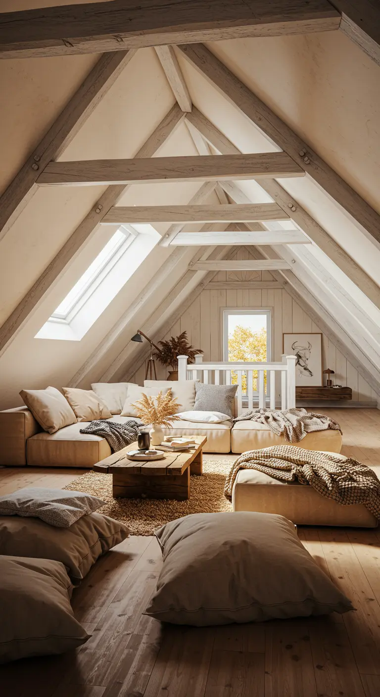 Ático convertido en salón con vigas de madera, sofás bajos y cojines en el suelo