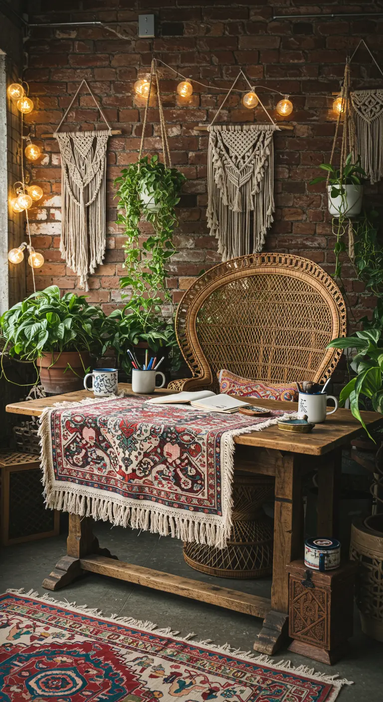 Escritorio de madera en un rincón bohemio con pared de ladrillo, macramé, plantas y una silla pavo real.