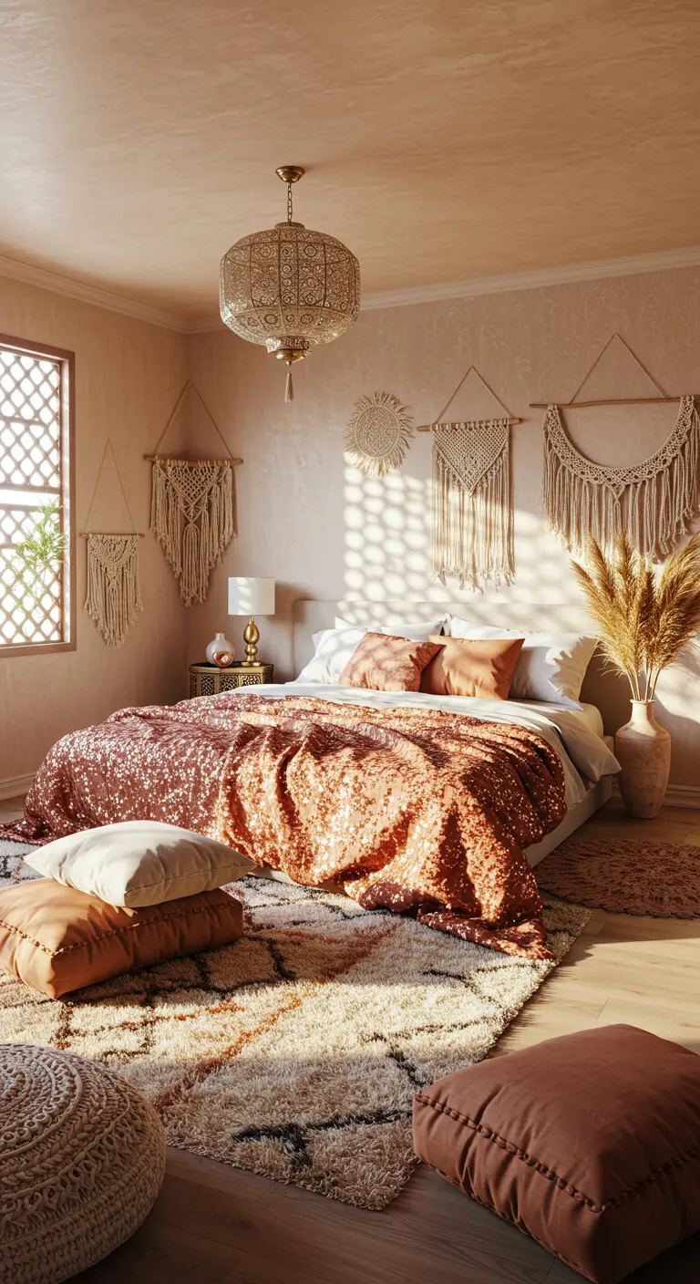 Dormitorio marroquí de estilo bohemio con paredes rosas, tapices de macramé y cojines en el suelo.