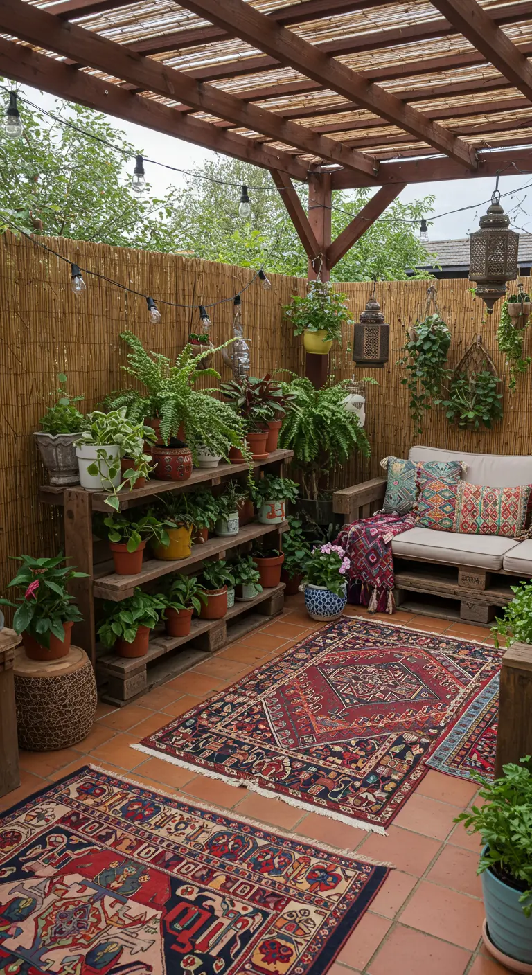 Patio bohemio con estantería baja de palets, alfombras persas y muchas plantas verdes.