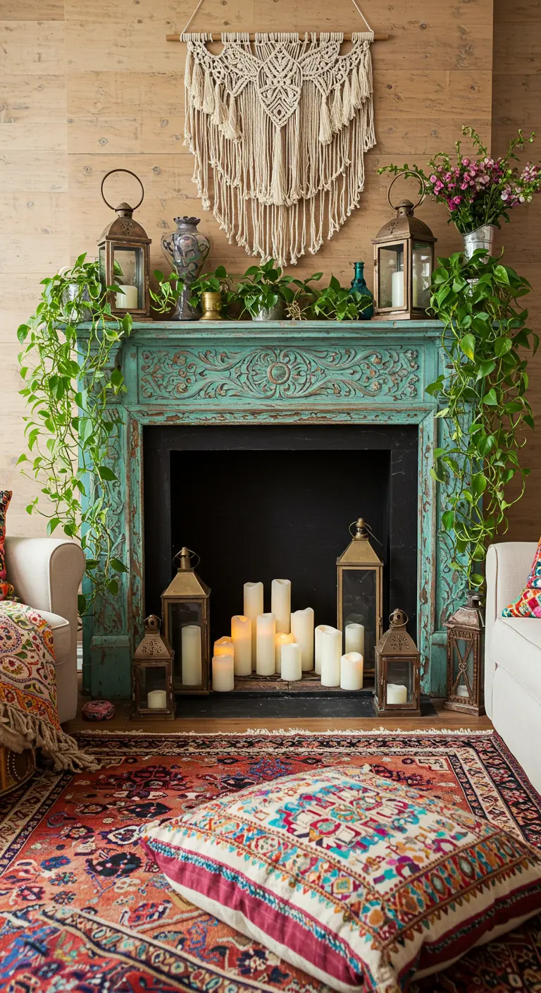 Chimenea bohemia turquesa decorada con plantas colgantes, faroles y velas.