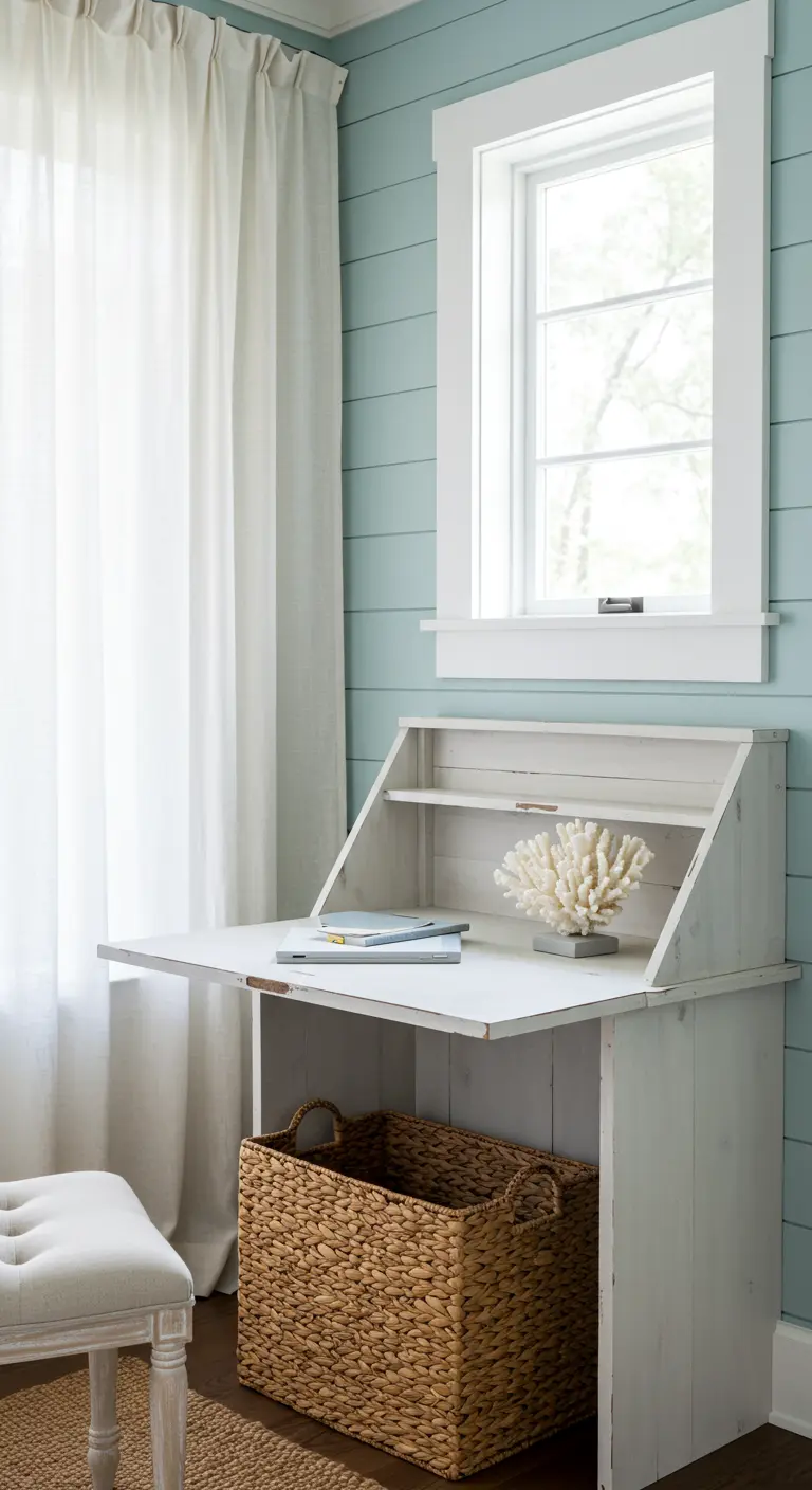 Escritorio secreter blanco con acabado envejecido y estilo costero, en una habitación azul pálido.