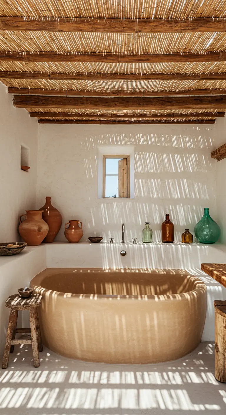 Baño rústico con bañera de obra color arena y techo de cañizo que proyecta sombras.