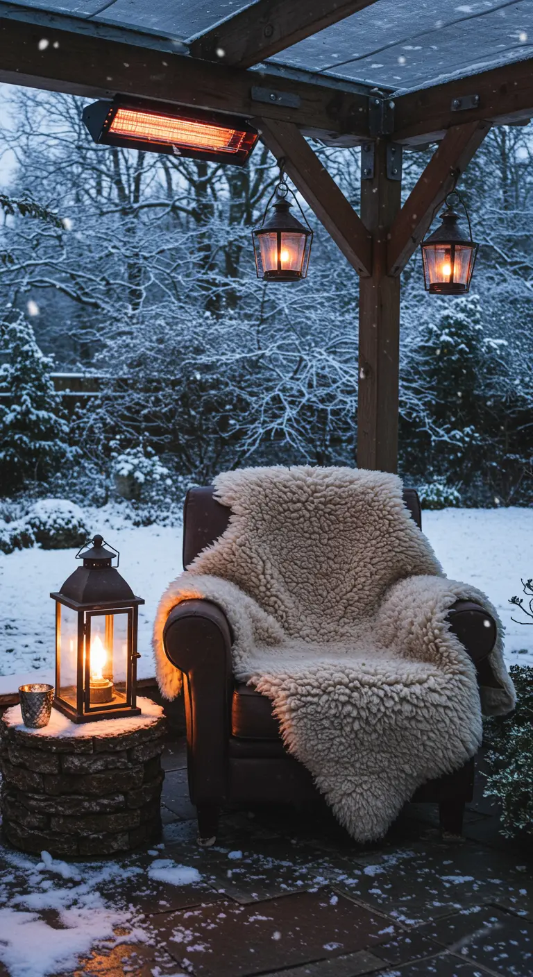Terraza en invierno con nieve, un sillón cubierto con una piel de oveja y faroles encendidos.