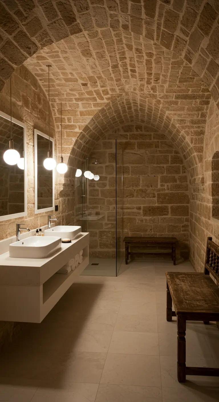 Baño en una bóveda de piedra con lavabos modernos y lámparas colgantes