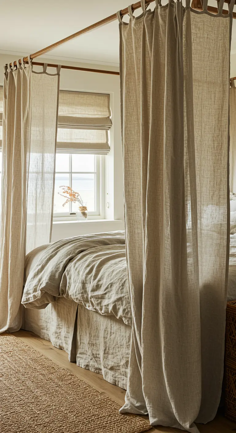 Cama con dosel vestida con cortinas y ropa de cama de lino natural en tonos neutros.