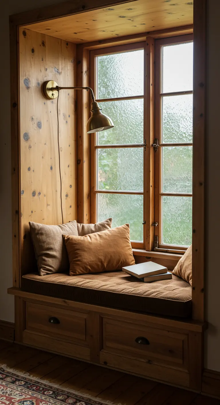Asiento de ventana rústico de madera de pino con cojines marrones y una lámpara de pared dorada.