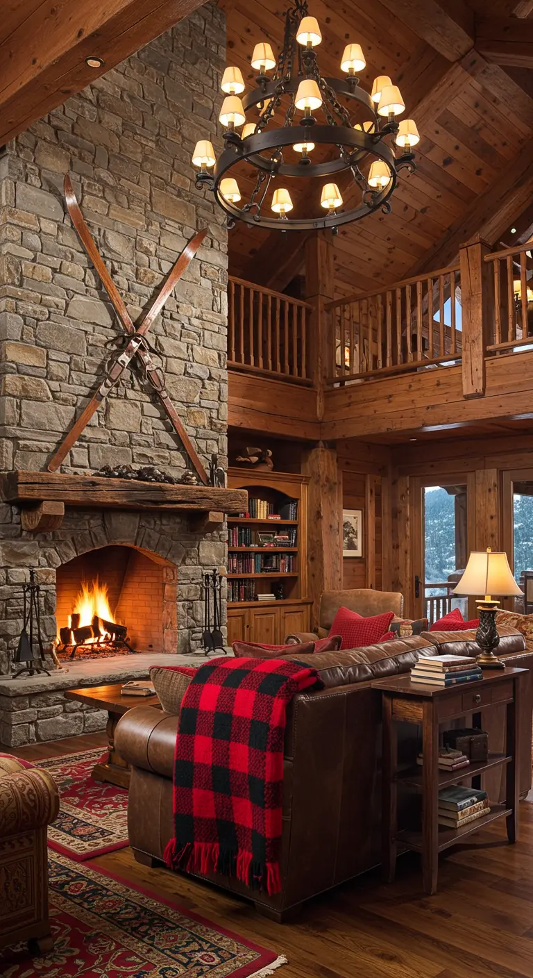 Sala de estar de una cabaña de madera con una gran chimenea de piedra y un sofá de cuero.