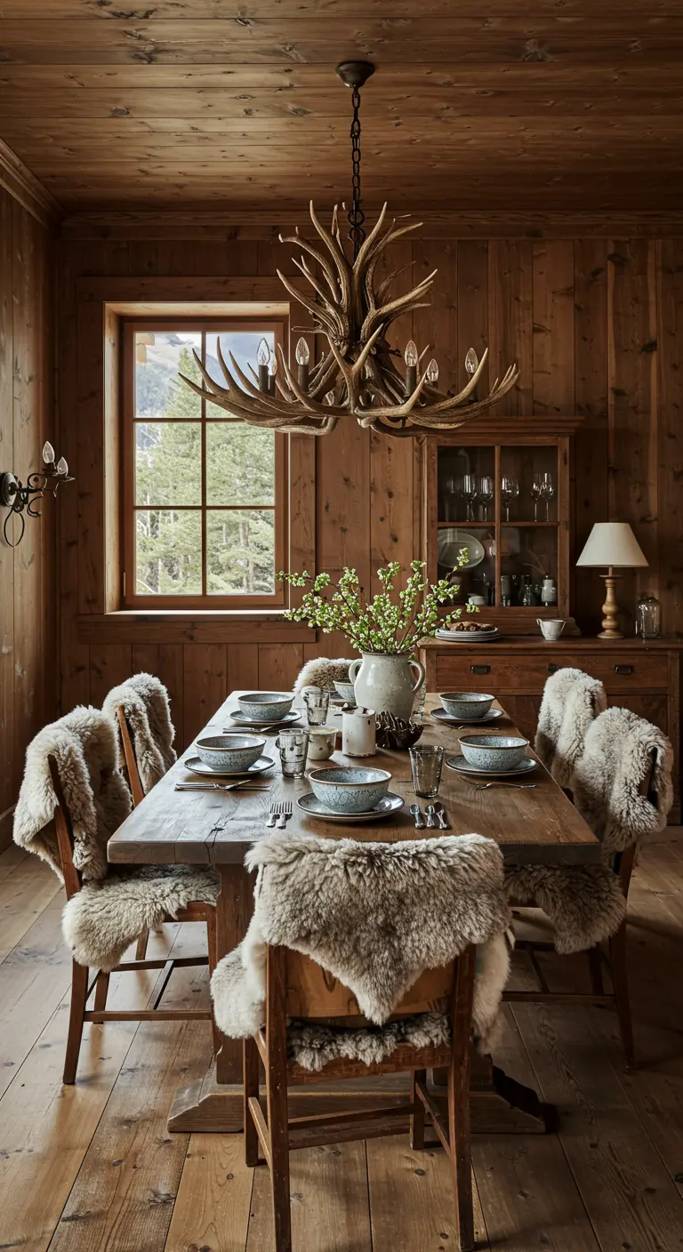 Comedor de estilo cabaña de montaña con paredes de madera, una lámpara de astas y sillas con piel de oveja.