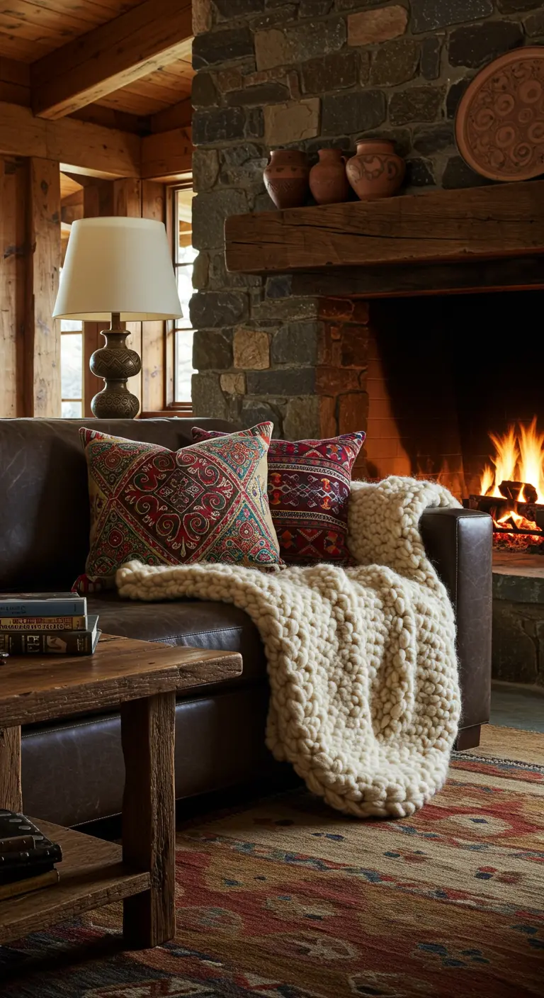 Acogedora sala de estar rústica con chimenea de piedra, sofá de cuero y manta de punto grueso.