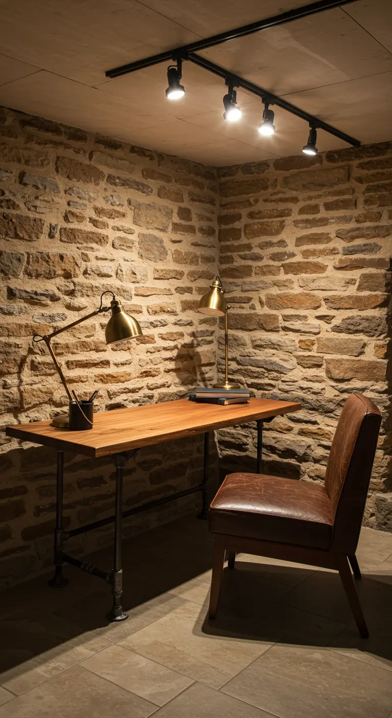 Despacho con paredes de piedra, escritorio industrial y silla de cuero