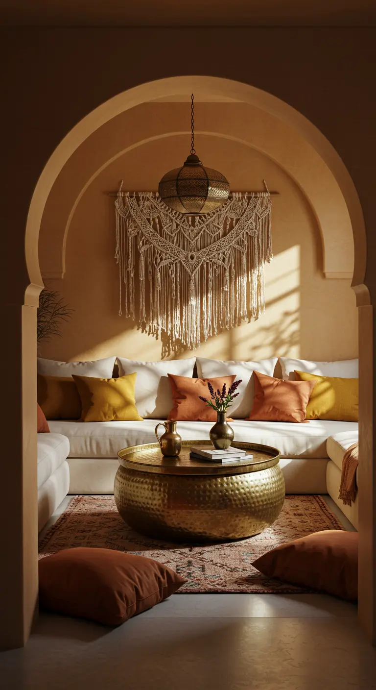 Rincón de salón bajo un arco con sofá blanco, tapiz de macramé y mesa de metal dorada