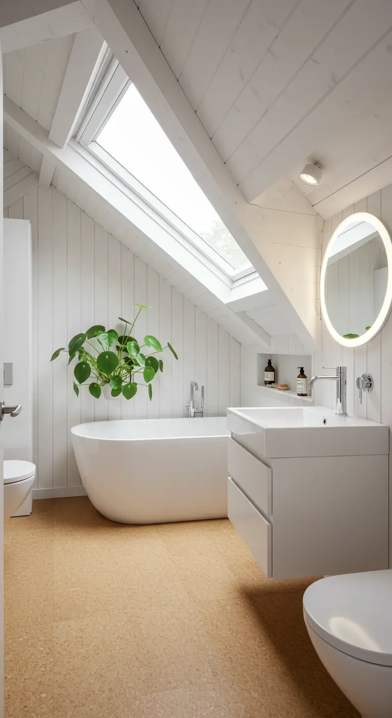 Baño abuhardillado con paredes de lamas blancas, tragaluz y una bañera exenta.