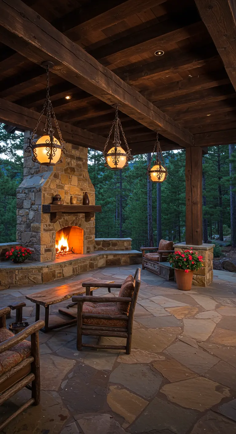 Porche rústico con chimenea de piedra, vigas de madera y faroles de hierro forjado