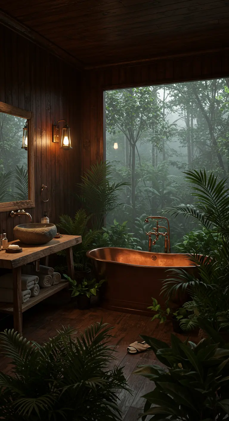 Baño rústico con paredes de madera oscura, bañera de cobre y vistas al bosque