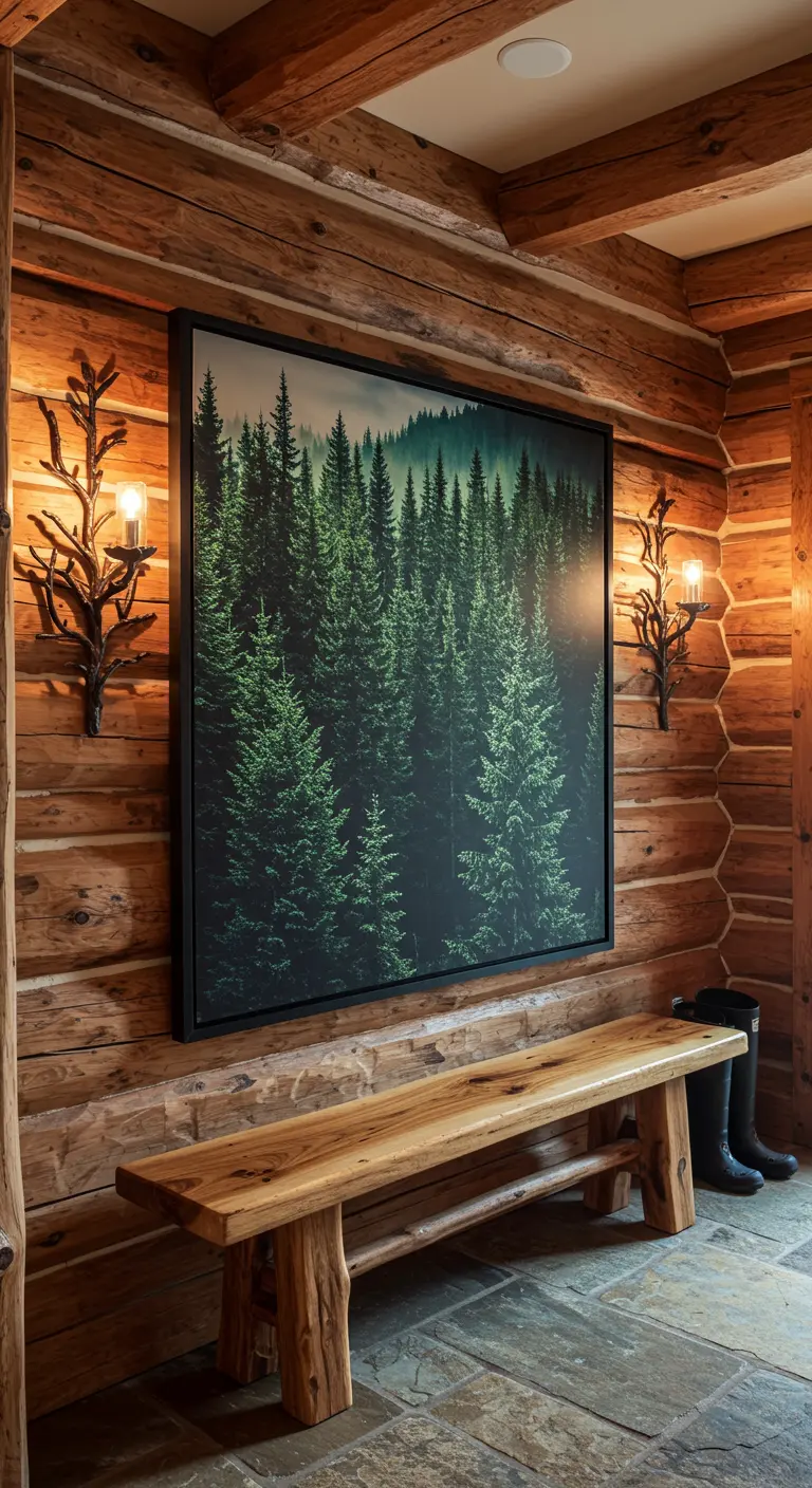Gran cuadro de un bosque de pinos en una cabaña de madera con un banco rústico debajo