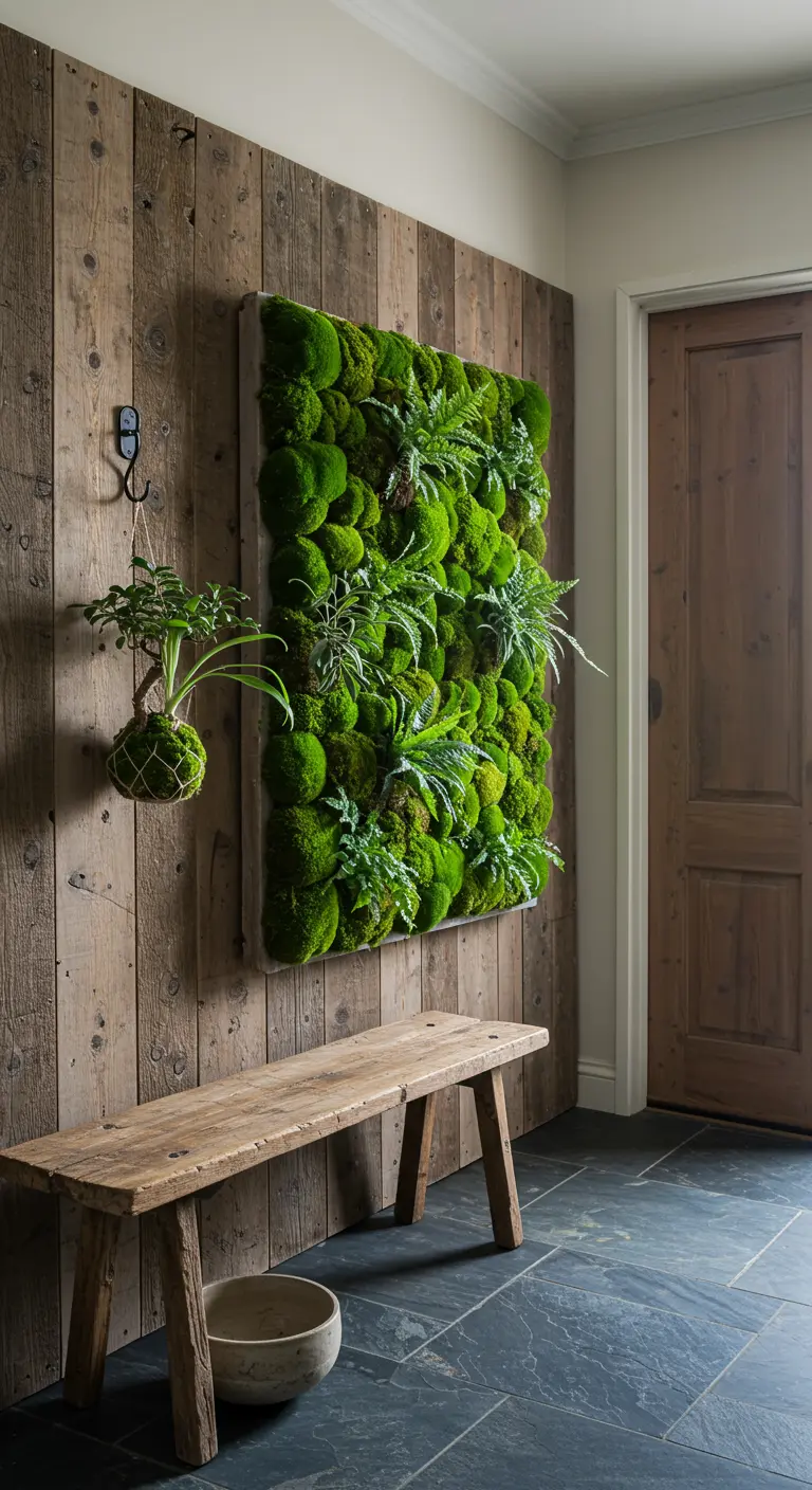Entrada rústica con pared de madera, un cuadro de musgo y un kokedama colgando.