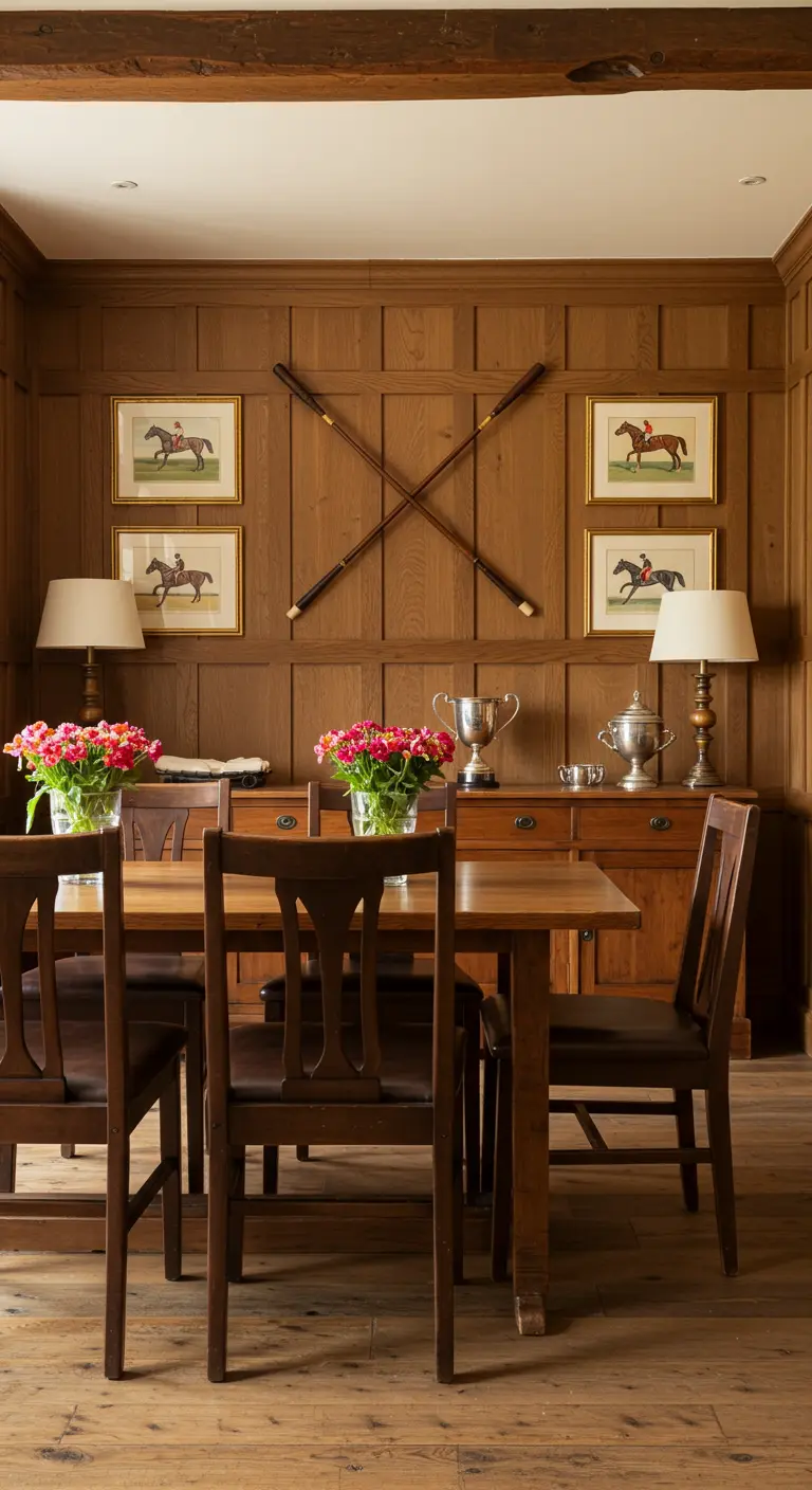 Comedor con paredes de madera, decoración ecuestre y un ambiente de club privado.