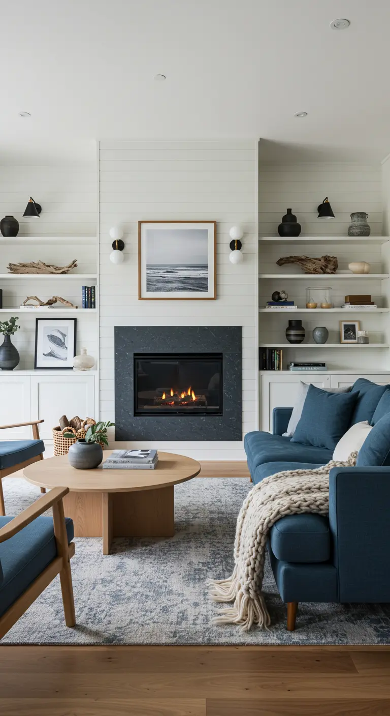 Sala de estar con sofá azul marino, estanterías blancas integradas y chimenea negra.