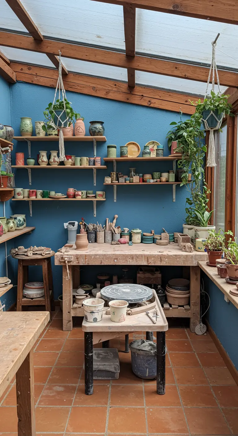 Taller de cerámica con paredes azules, estanterías de madera llenas de piezas y un torno de alfarero.