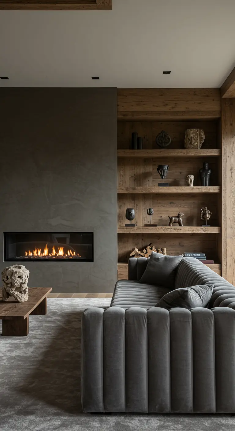 Sala de estar moderna con chimenea lineal, estanterías de madera y sofá de terciopelo gris.