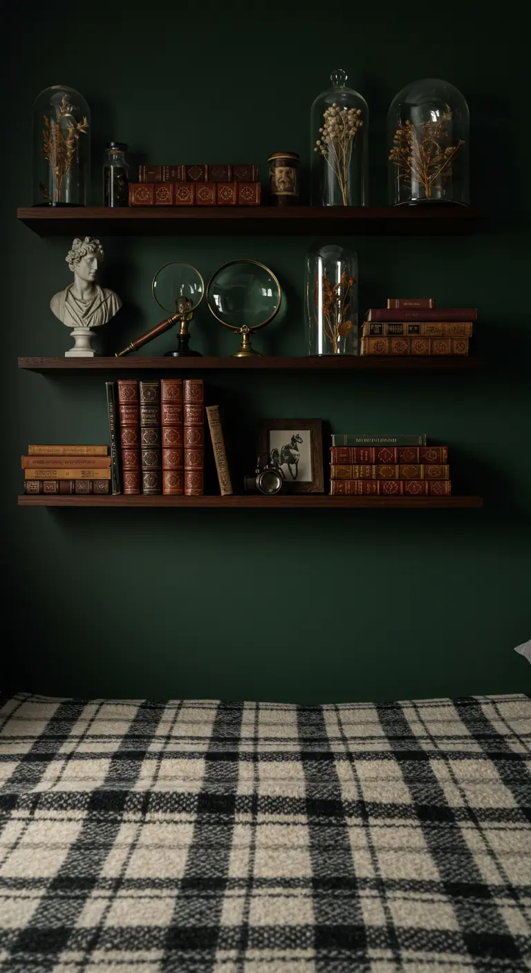 Estanterías de madera oscura en una pared verde oscuro, con libros antiguos y objetos de colección.