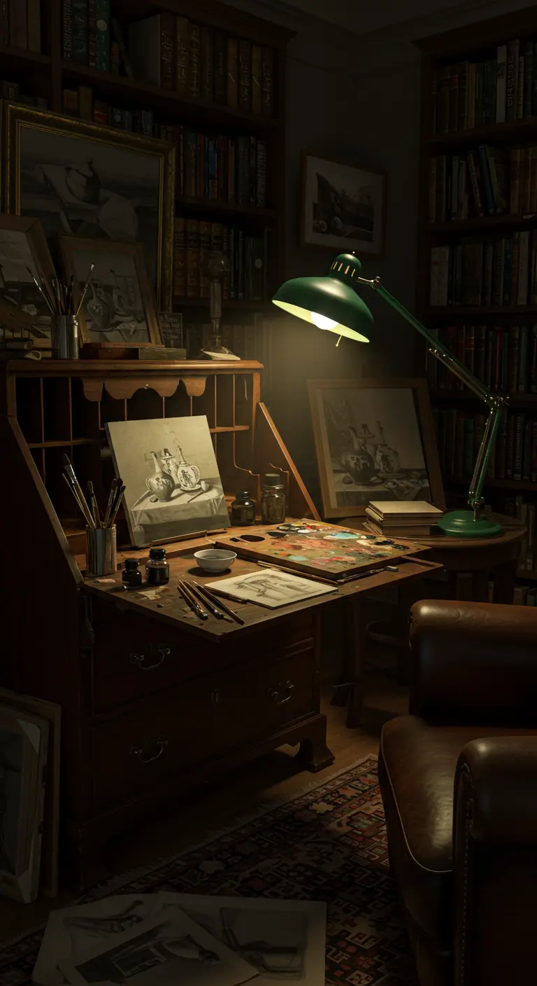 Estudio de arte de estilo 'dark academia' con escritorio de madera, luz de lectura y estanterías.