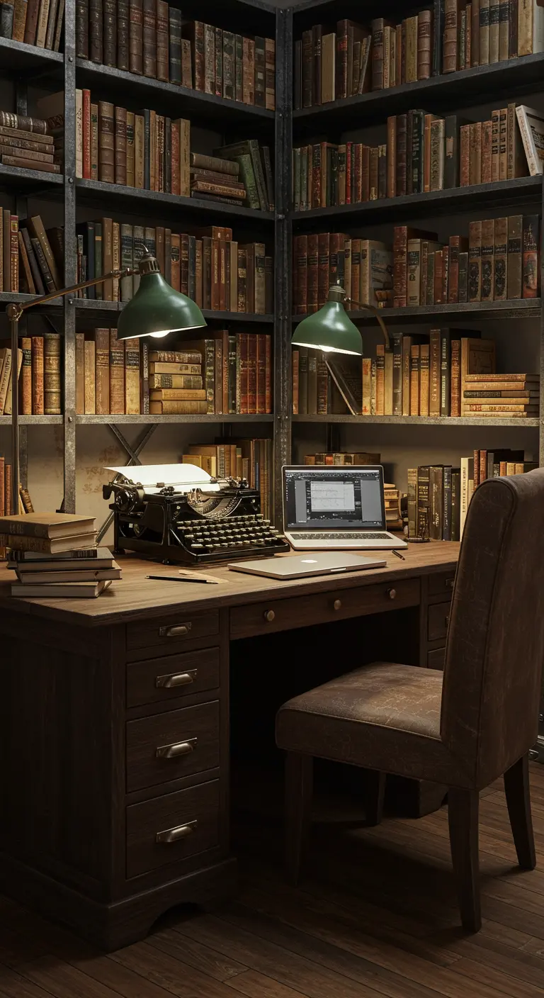 Oficina clásica con estanterías llenas de libros antiguos y un escritorio de madera.