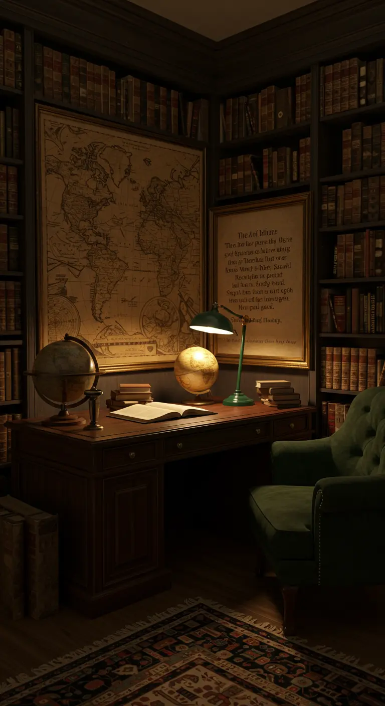 Oficina en casa estilo biblioteca oscura con mapa antiguo, globos terráqueos y sillón de terciopelo.