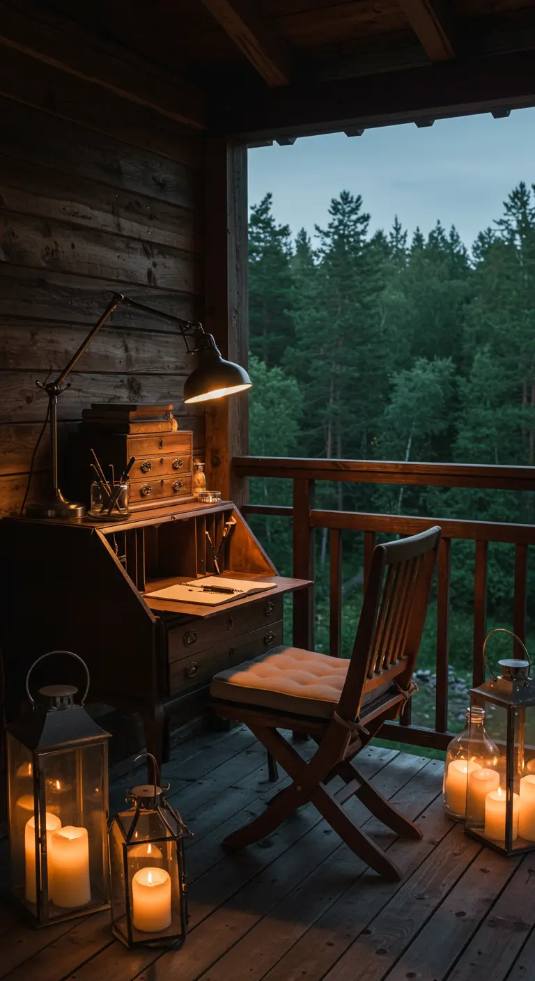 Escritorio de madera antiguo en un balcón rústico por la noche, iluminado por lámparas y velas