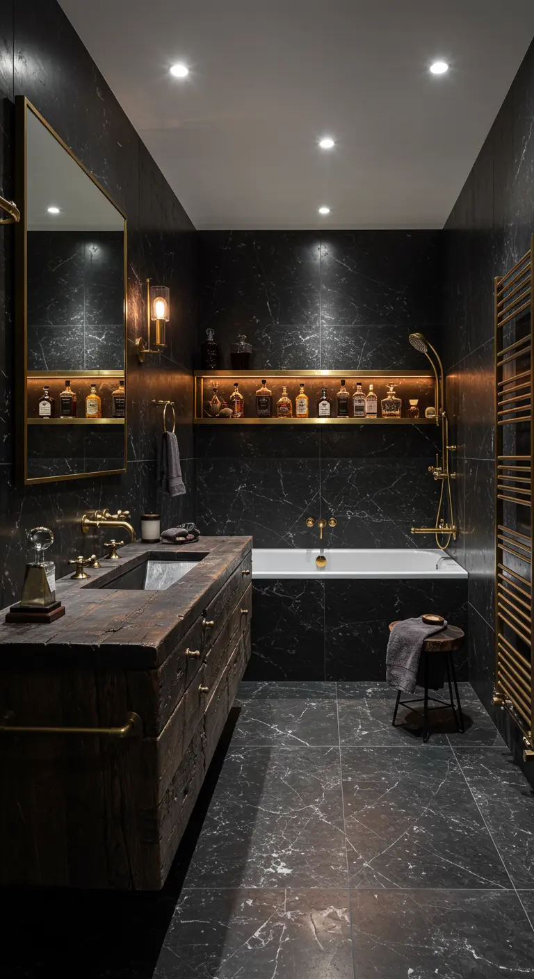 Baño de estilo masculino con tocador de madera rústica y nicho iluminado en la pared.