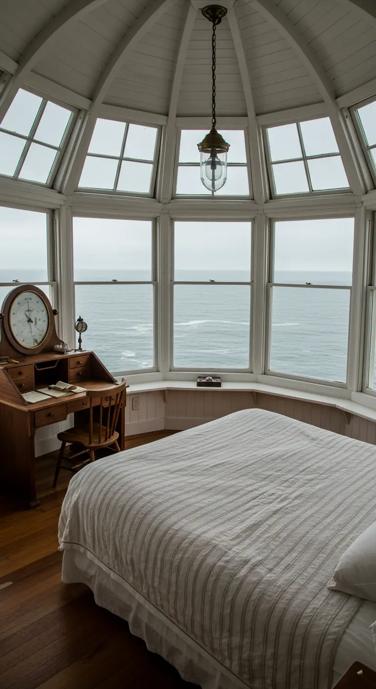 Dormitorio en una torre de faro con múltiples ventanas y vistas al mar.